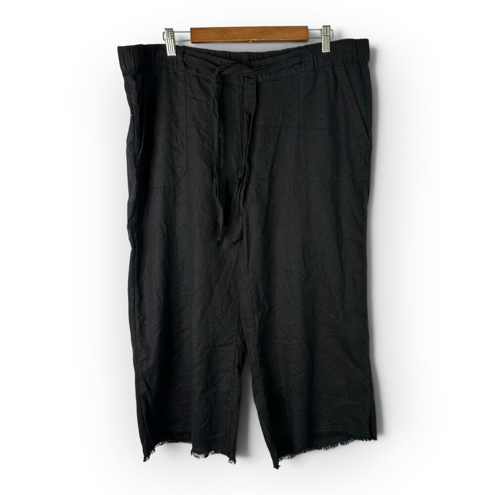 Caslon XL Black Linen Blend Wide Leg Crop Pant Raw Frayed Hem Drawstring Coastal
